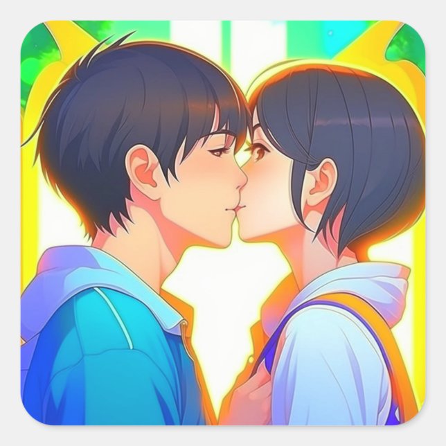 Anime Kiss | Neue Liebe Quadratischer Aufkleber (Vorderseite)