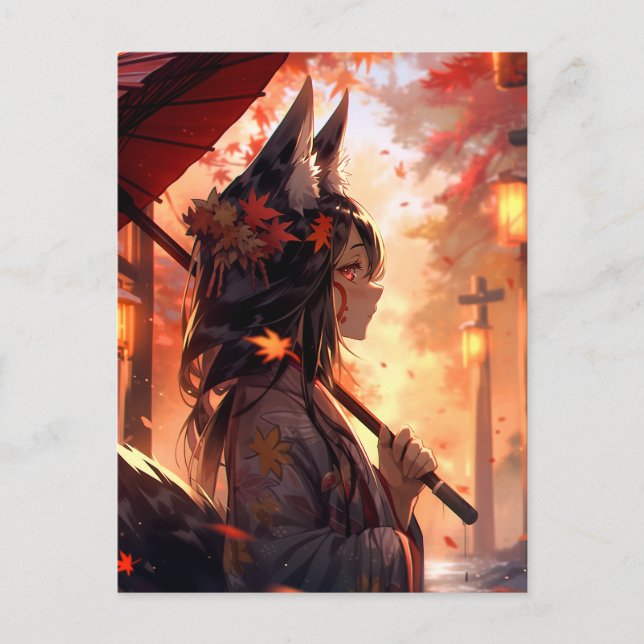 Anime Kitsune Girl Niedlich Fox Fantasy Art Postkarte (Vorderseite)