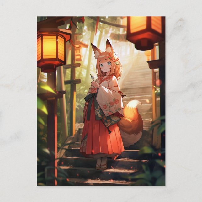 Anime Kitsune Girl Niedlich Fox Fantasy Art Postkarte (Vorderseite)