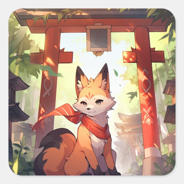Anime Kitsune Niedlich Fox Fantasy Art Quadratischer Aufkleber (Vorderseite)
