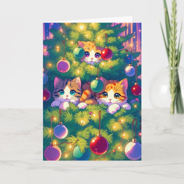 Anime Kitty in einem Weihnachtsbaum Feiertagskarte (Vorderseite)