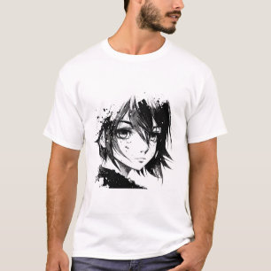 Anime-Mädchen Anime-Augen Tinten-Kunst-Skizze Zeic T-Shirt