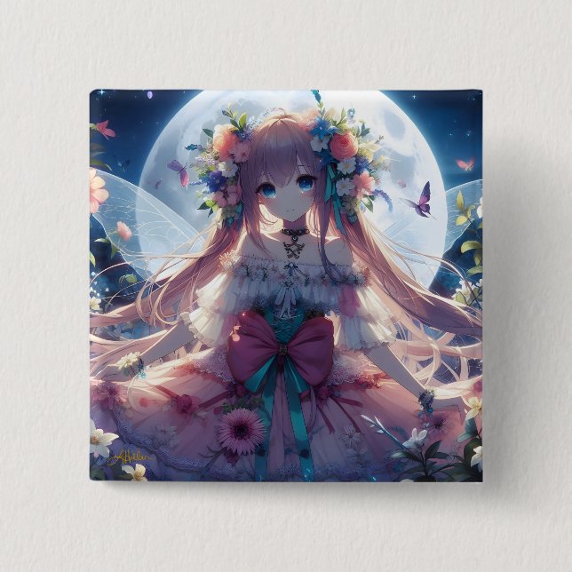 Anime-Mädchen-Blumen-Mond-Fee Button (Vorderseite)
