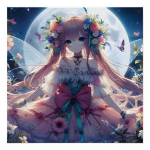 Anime-Mädchen-Blumen-Mond-Fee Poster
