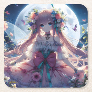 Anime-Mädchen-Blumen-Mond-Fee Rechteckiger Pappuntersetzer