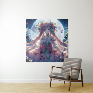 Anime-Mädchen-Blumen-Mond-Fee Wandteppich