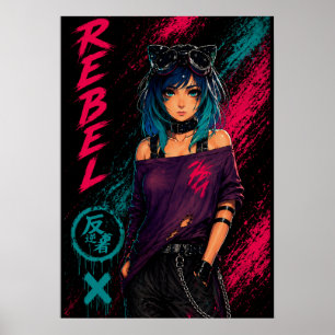 Anime-Mädchen Cyberpunk Neon Schwarz Poster