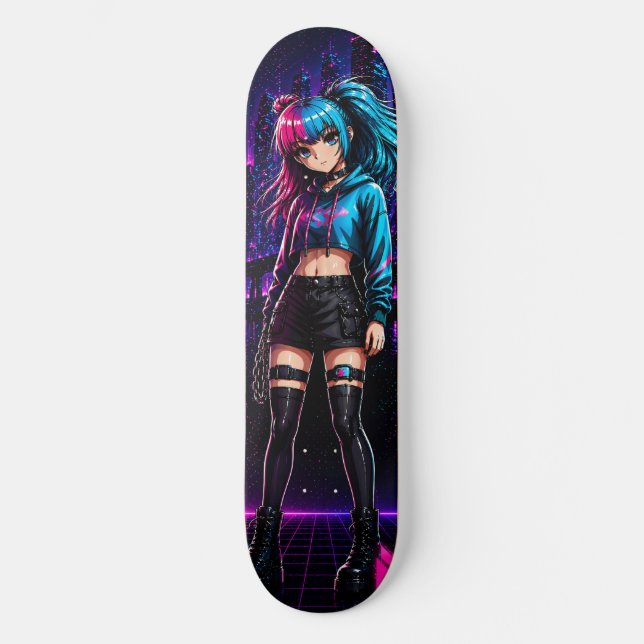 Anime Mädchen Cyberpunk Neon Skateboard Deck (Vorderseite)