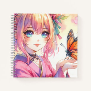 Anime-Mädchen, das einen Schmetterling hält Notizbuch