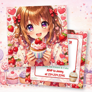Anime Mädchen Geburtstag | Erdbeeren und Cupcakes Einladung