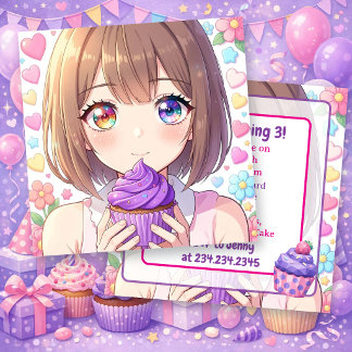Anime-Mädchen-Geburtstag | Herzen und Cupcakes Einladung