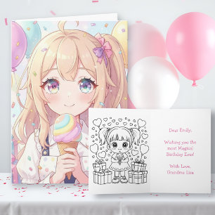 Anime-Mädchen-Geburtstagskarten mit Ausmalbild  Karte