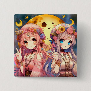 Anime Mädchen Hippie Mond Mädchen geben Friedensze Button