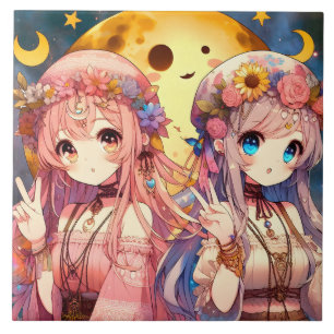 Anime Mädchen Hippie Mond Mädchen geben Friedensze Fliese