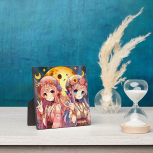 Anime Mädchen Hippie Mond Mädchen geben Friedensze Fotoplatte