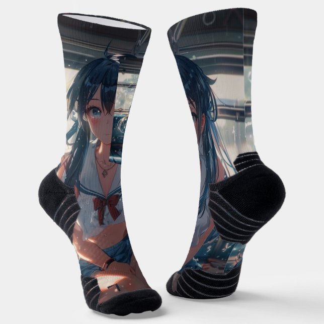 Anime-Mädchen im Zug Socken (Gewinkelt)