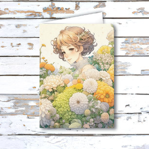 Anime-Mädchen in gelben Blumen personalisierter Ge Karte