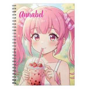 Anime-Mädchen in Rosa trinkt Bubble Tea Personalis Notizblock