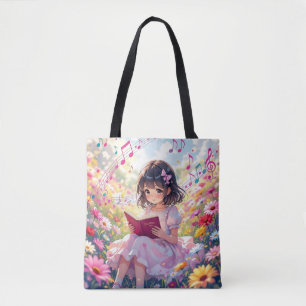 Anime-Mädchen liest inmitten von Blumen und Noten Tasche