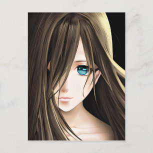 Anime-Mädchen mit braunen Haaren und blauen Augen Postkarte