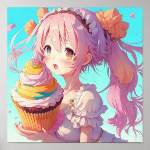 Anime-Mädchen mit fantastischem Cupcake Poster