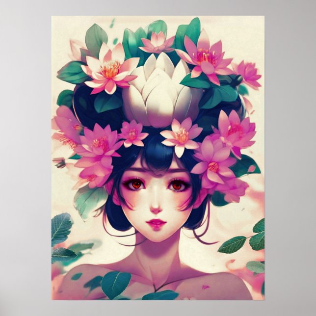 Anime-Mädchen mit Lotusblüten gekrönt Poster (Vorne)
