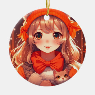 Anime-Mädchen mit orangefarbenem Kätzchen Weihnach Keramik Ornament