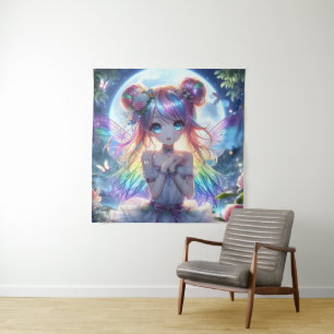 Anime-Mädchen Regenbogenhaar singt Mond Fee Wandteppich