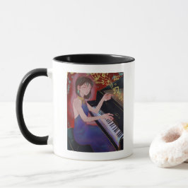 Anime-Mädchen spielt Klavier elegante Musik Tasse