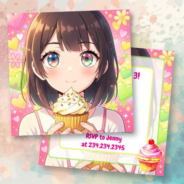 Anime-Mädchen und Cupcake Geburtstag   Einladung (Von Creator hochgeladen)