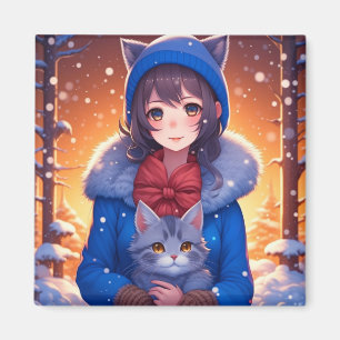 Anime-Mädchen und ein Kätzchen Winter Weihnachten Magnet