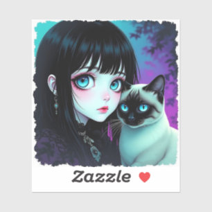 Anime-Mädchen und Siamkatze Aufkleber