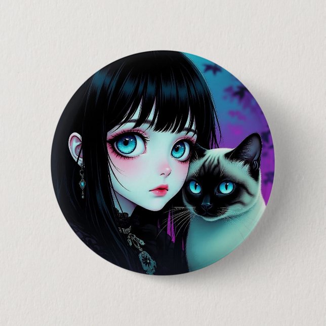 Anime-Mädchen und Siamkatze Button (Vorderseite)