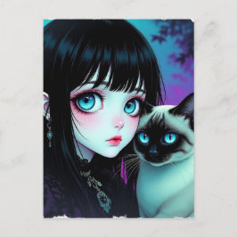 Anime-Mädchen und Siamkatze | Hallo sagen Postkarte