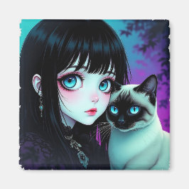 Anime-Mädchen und Siamkatze Magnet