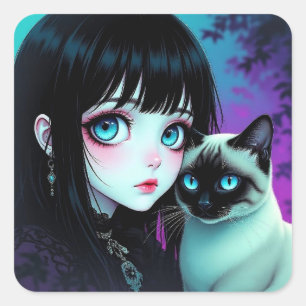 Anime-Mädchen und Siamkatze  Quadratischer Aufkleber