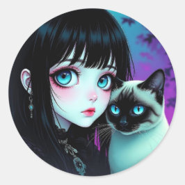 Anime-Mädchen und Siamkatze Runder Aufkleber