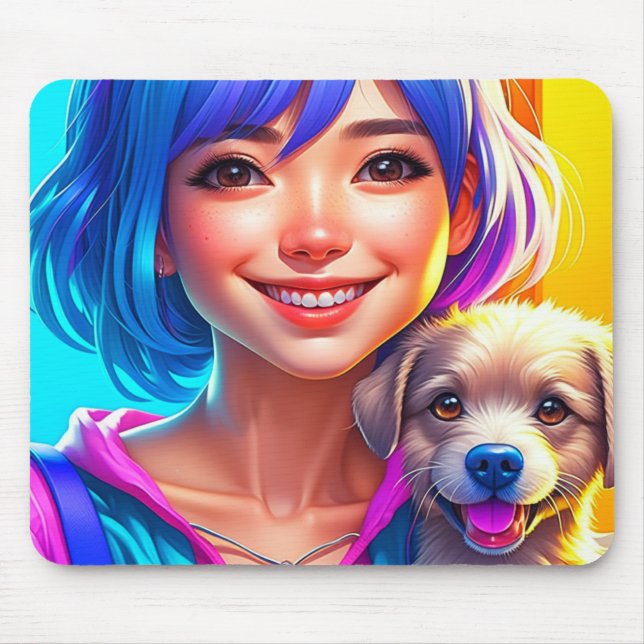Anime-Mädchen und Welpe   Mousepad (Vorne)