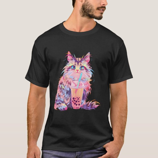 Anime Maine Coon Cat Boba Drink Kawaii Kitty Bubbl T-Shirt (Vorderseite)