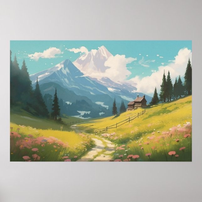Anime-Malerei kurvenreicher Weg Wiesengebirge Poster (Vorne)