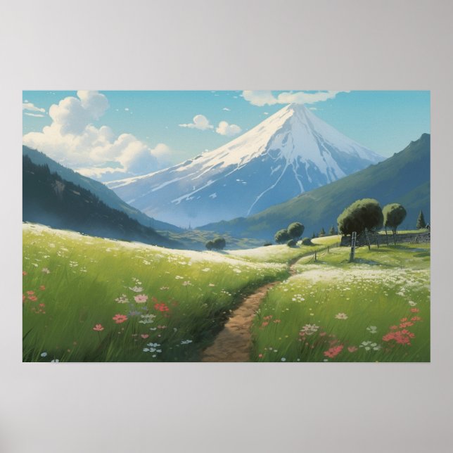 Anime-Malerei Wickelweg Wiese unterhalb des Berges Poster (Vorne)