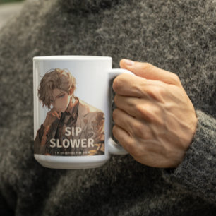Anime-Mann sagt, langsamer zu trinken, er genießt  Kaffeetasse