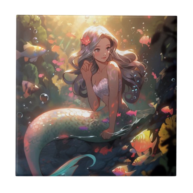 Anime Mermaid Girl Fantasy Art Fliese (Vorderseite)