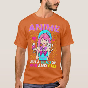 Anime mit einem Glas Wein und Katzen T-Shirt