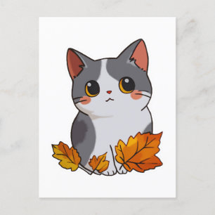 Anime niedlich Cat Herbstlaubs Postkarte