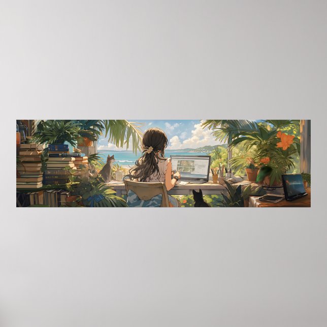 Anime Office am Meer - Ultra wide Poster (Vorne)