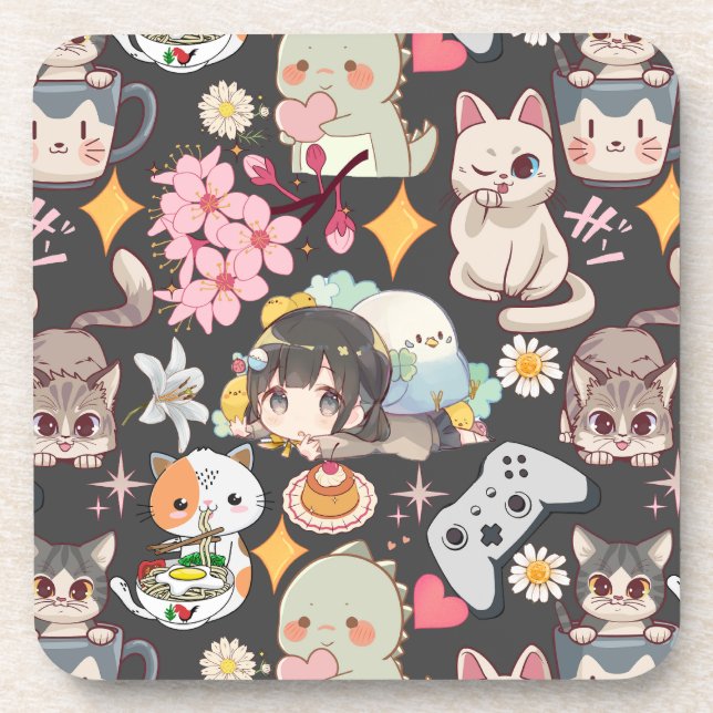 Anime Overload Niedliches Muster D Gray BG Getränkeuntersetzer (Vorderseite)