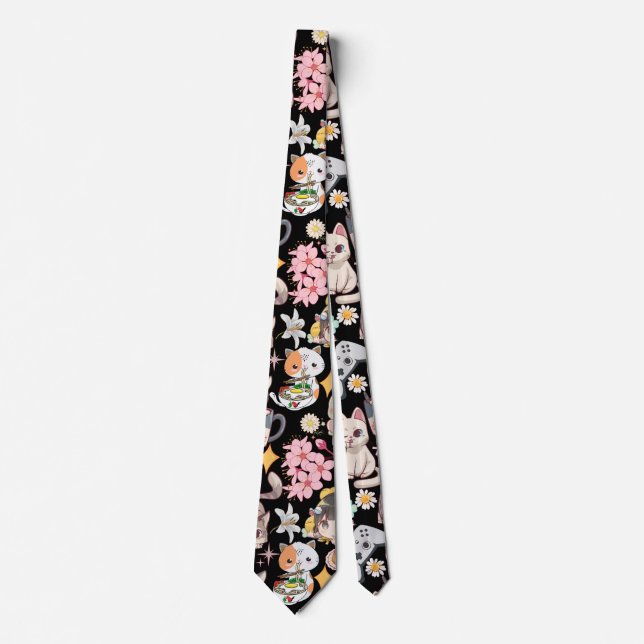 Anime Overload Niedliches Muster Schwarz BG Krawatte (Vorderseite)