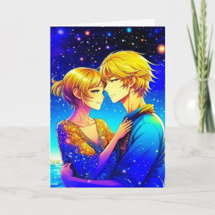 Anime-Paar in einer romantischen Valentinsnacht Karte