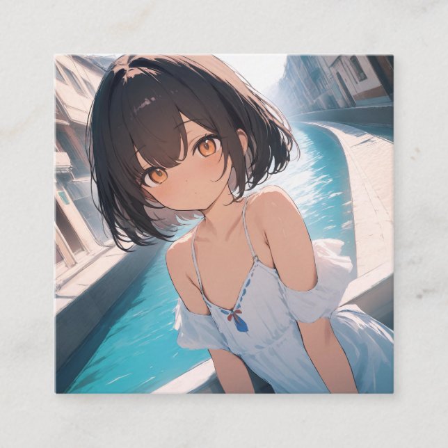 Anime Poolside Quadratische Visitenkarte (Vorderseite)